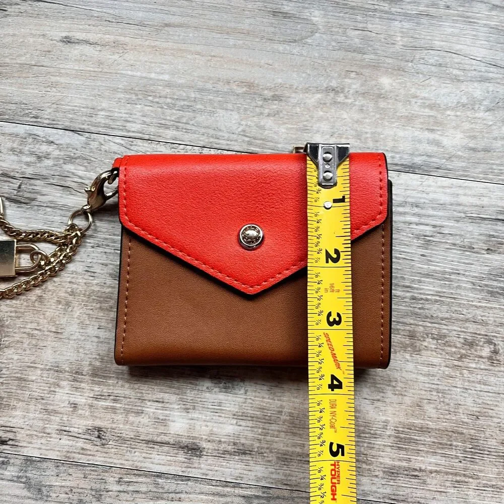 ALDO Leather Wallet Orange Brown Colorblock Chain Accent Compact Chic Fold